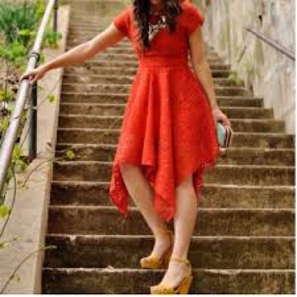 Anthropologie Maeve Prima Lace Dress Handkerchief Asymmetrical Hem Coral size 0 - Picture 4 of 4